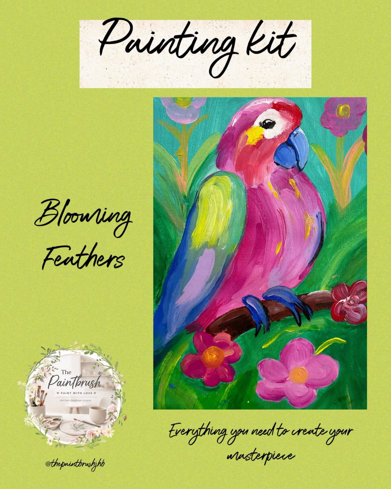 Blooming Feathers painting kit — pink parrot on branch
