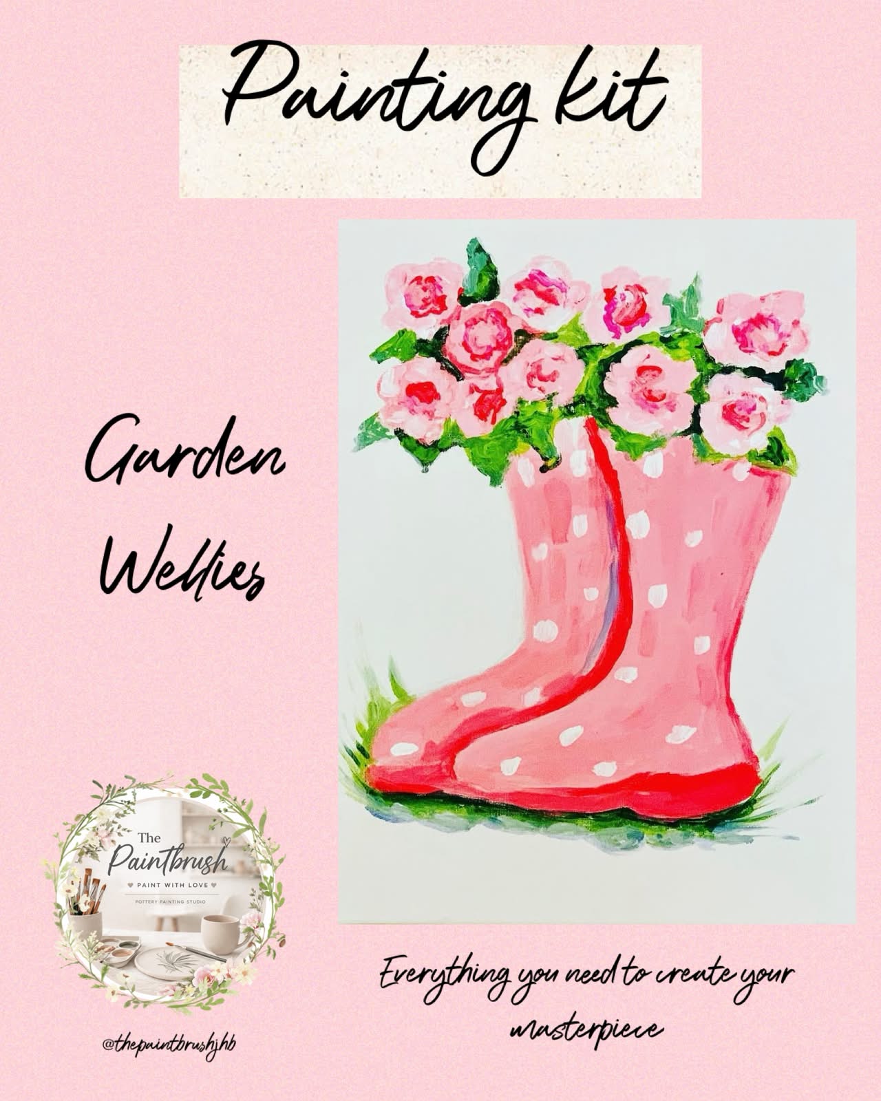 Garden Wellies painting kit — pink polka dot boots with roses